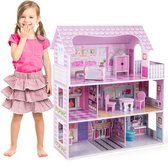 COSTWAY Houten Poppenhuis 3 Verdiepingen – Dubbelzijdig Dak & Deuren – Met Meubels – Voor Kinderen Vanaf 3 Jaar – 55x35x66 Cm