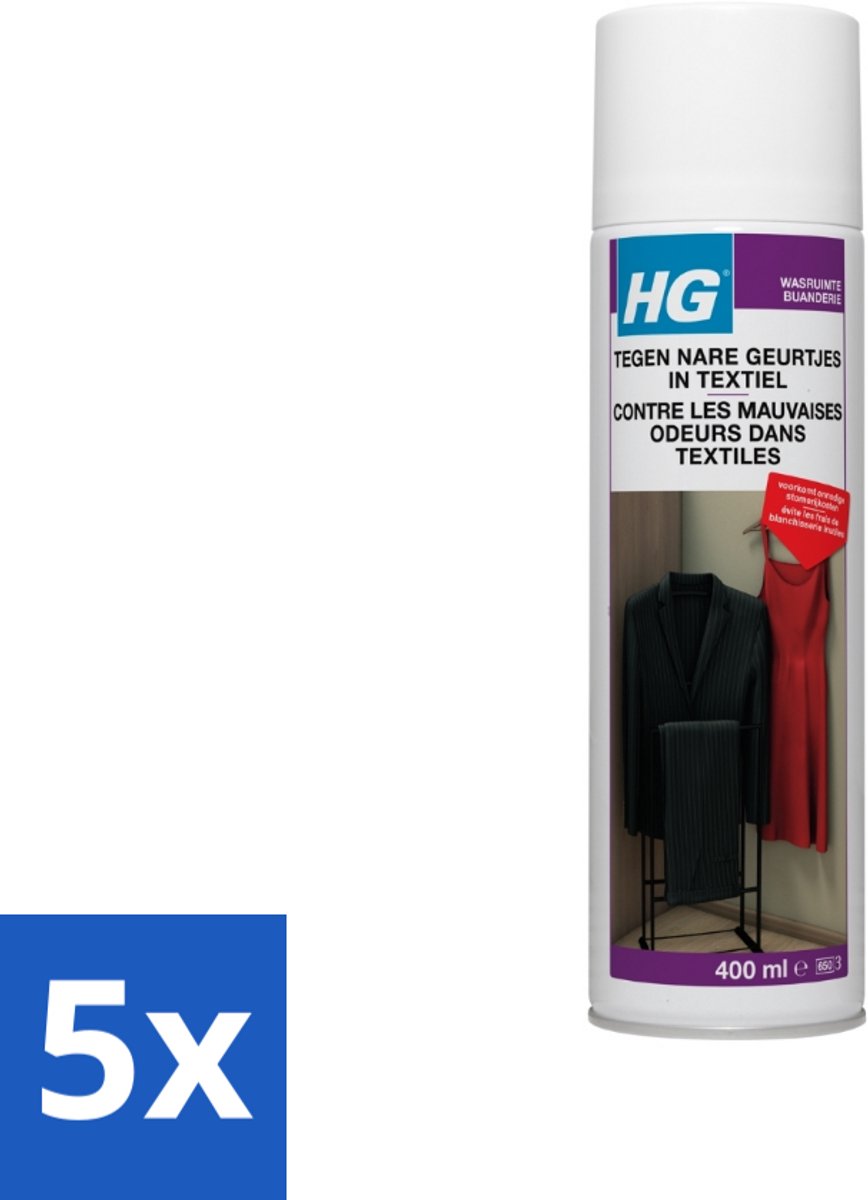 5 x HG Tegen Nare Geurtjes In Textiel 400 ml - Geurverwijdering Textiel - Stankmoleculen Oplossen - Textiel Reinigen - Geur In Kleding - Geur In Gordijnen