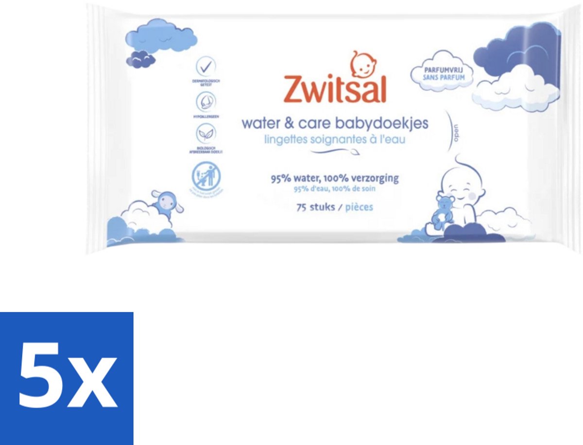 Image of 5 x Zwitsal 0% Parfum - Babyverzorging - Babydoekjes Water & Care - 75 Doekjes - Hypoallergeen - Biologisch Afbreekbaar - Plasticvrij
