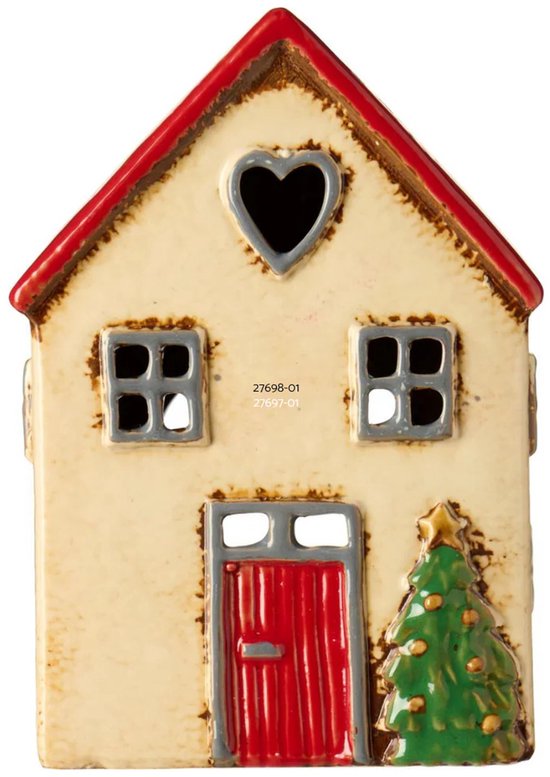 Ib Laursen - Keramieken kersthuisje - crèmewit met rood dak en kerstboom - waxinelichthouder