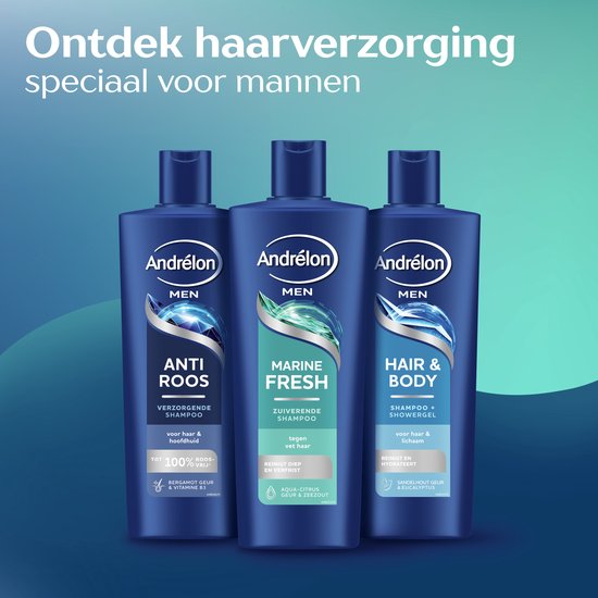 Drie flessen Andrélon Men shampoo: Anti Roos, Marine Fresh, en Hair & Body. Allemaal met blauwe dop en bedrukte voorkant.