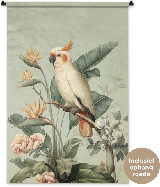 Wandkleed 90x135 cm - Wanddoek Gele kuifkaketoe - paradijsvogelbloemen - Groen - Wandtapijt - Wandkleden