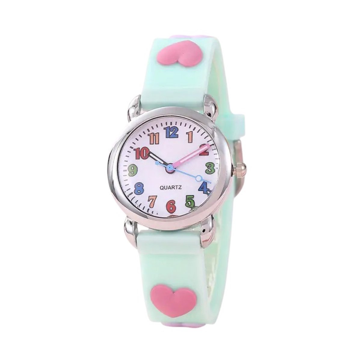 Kinderhorloge - 3D Hartjes Mintgroen | Siliconen | Ø 30 mm
