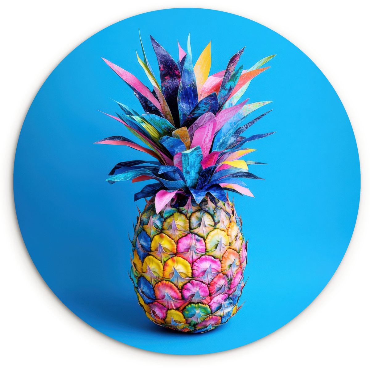 WallCircle Wandcirkel 120x120 cm - Muurcirkel Ananas - Blauw - Tropisch - Vrolijk - Muurdecoratie woonkamer - Wanddecoratie slaapkamer - Kamer decoratie accessoires - Ronde schilderijen Ananas - Tropisch