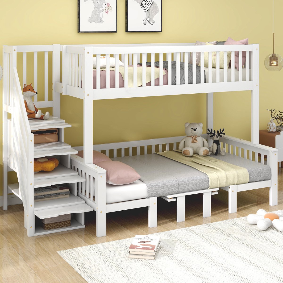 Merax Stapelbed - kinderbed - hoogte verstelbare tafel - opbergtrap - veiligheidshekken - wit - 90x200cm en 120x200cm - zonder matras