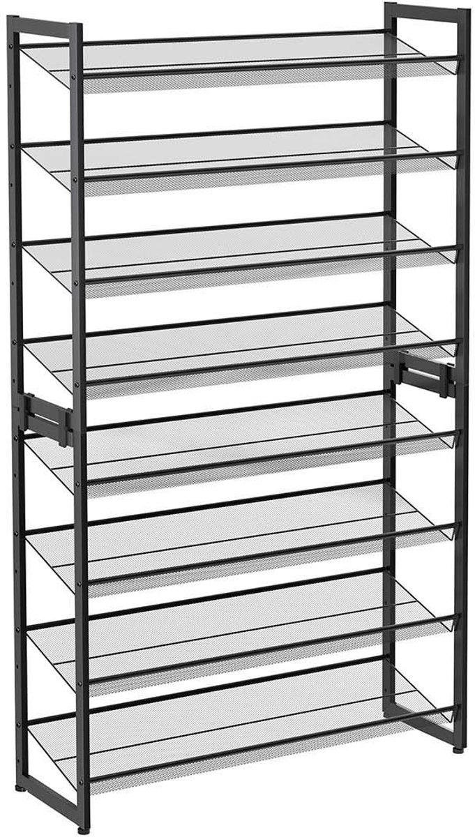 Schoenenrek, opbergrek 2-delig, met 4 verstelbare netplanken, stapelbaar ontwerp voor ruimtebesparing, stevige en duurzame metalen constructie, kan vlak of schuin worden geplaatst, 92,5 x 30,7 x 163,5 cm, zwart.