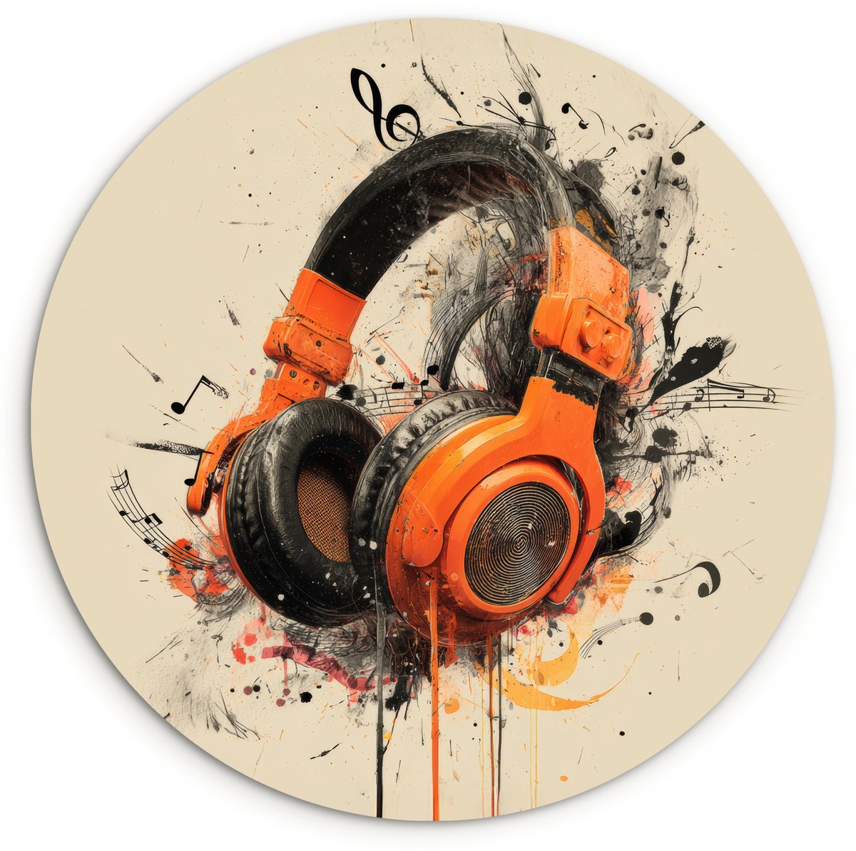 WallCircle Wandcirkel 60x60 cm - Muurcirkel Koptelefoon - Oranje - Explosief - Muurdecoratie woonkamer - Wanddecoratie slaapkamer - Kamer decoratie accessoires - Ronde schilderijen Koptelefoon - Muzieknoten