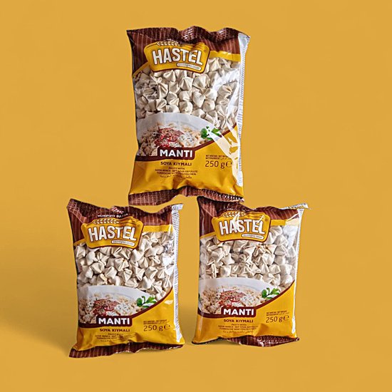 Hastel Manti met Soja Gehakt 3x 250 g – Vegetarische Turkse Dumplings, Gezond & Snel - Hastel Soya Kıymalı Mantı 3x 250 g – Geleneksel Türk Lezzeti, Vejetaryen ve Sağlıklı Seçenek - Hastel Manti with Soy Mince 3x250 g – Traditional Turkish Dumplings,