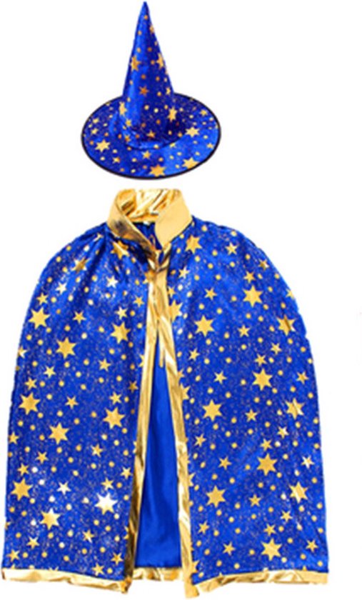 Tovenaarscape en hoed - Halloween tovenaarskostuumset - Maskerade - Cape en hoedset - Blauw