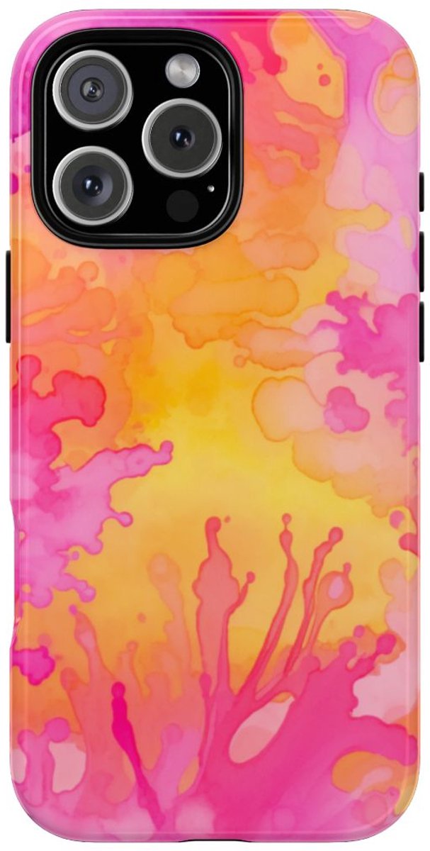 Roze en Oranje Abstracte Inktspatten – Telefoonhoesje Geschikt voor iPhone 16 Pro Max