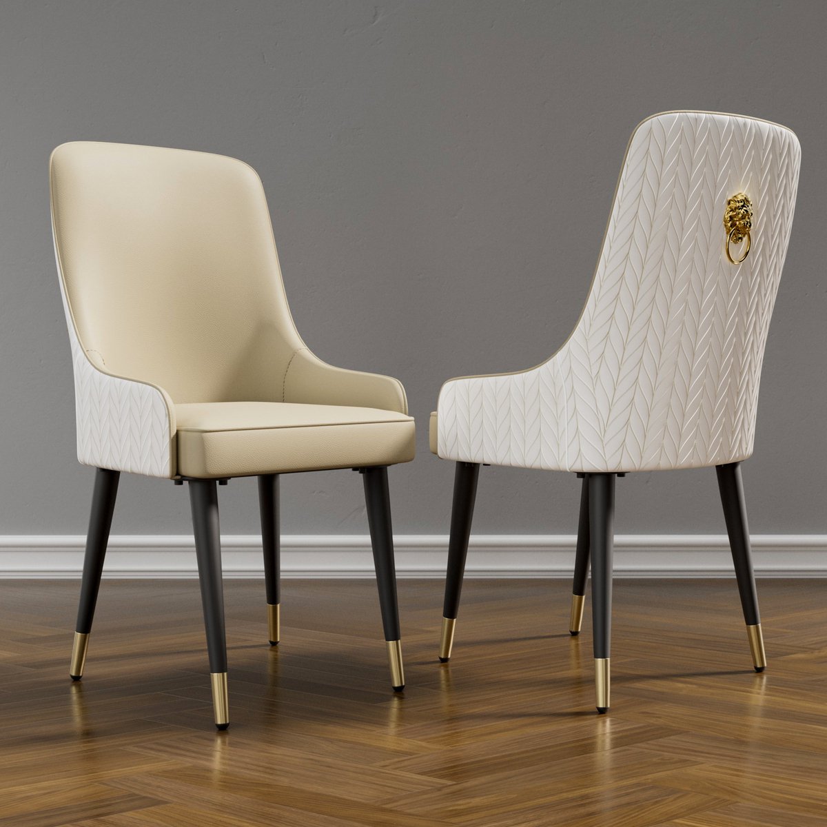 FATIVO Eetkamerstoelen - Set Van 2 - Eetkamerstoel - Eettafelstoel - Keukenstoel - Moderne Design - Beige Kunstleer - Gepolstered - Zwarte Metalen Poten - Max. Draagvermogen 150KG