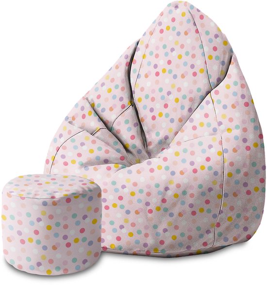 DreamRoots Velvet Zitzak voor Volwassenen – Luxe Beanbag met Voetsteun en Afneembare Hoes – Inclusief Vulling – 80x80x120 cm - Pastel Confetti Dots