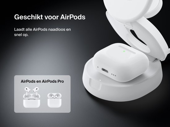 Een witte draadloze oplader voor AirPods en AirPods Pro, met een groen lampje aan.