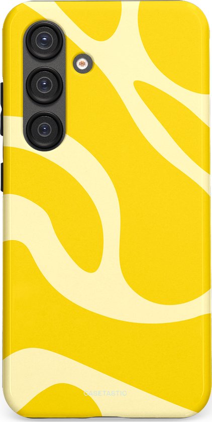 Geel telefoonhoesje met een golvend patroon van lichte en donkere gele banen. De cameralens is zichtbaar.
