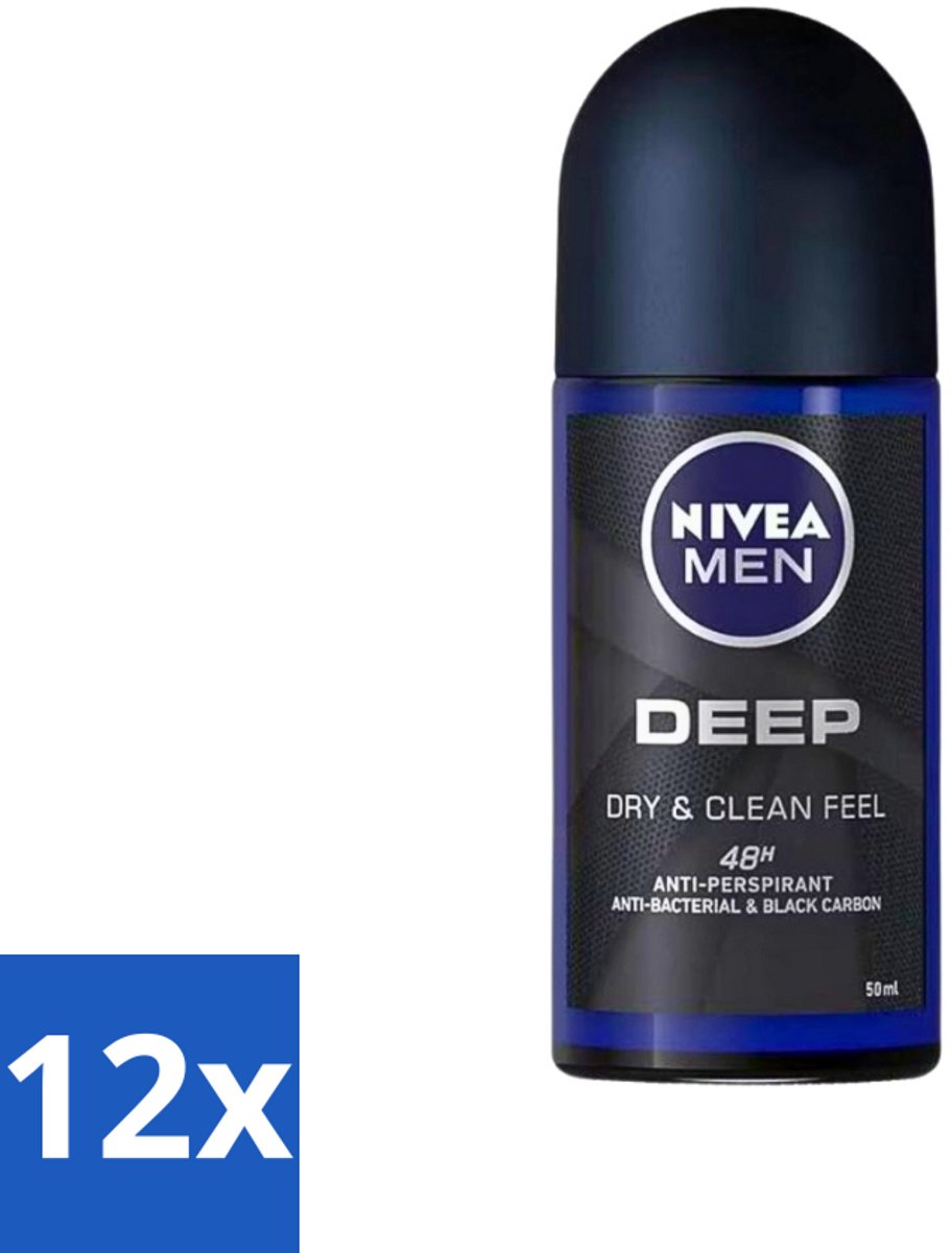 12 x Nivea - Deo Roll-On - Men - Deep - 48 Uur Lang Werkend - 50 ml - NIVEA MEN Deep Deodorant Roller - Anti-transpirant - 48 Uur Bescherming - Actieve Kool - Zweetbestendig