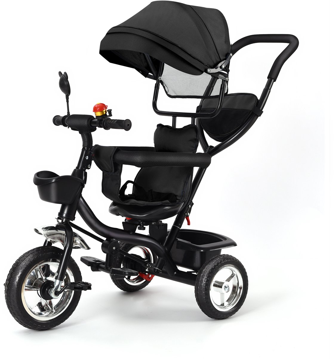 PIPIPOXER -Kinderdriewieler Driewieler met duwstang-360° draaibare zit-Met zonnescherm- Zwart