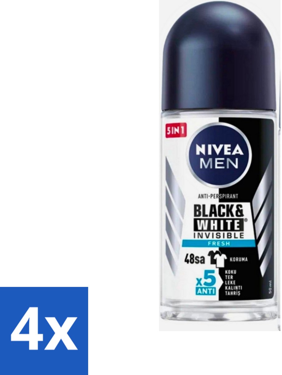4 x Nivea - Men - Deodorant - Roller - Black & White Invisible Fresh - 50 ml - NIVEA MEN Deodorant Roller - Anti-vlekken - 48 Uur Bescherming - Zweetbescherming - Geur