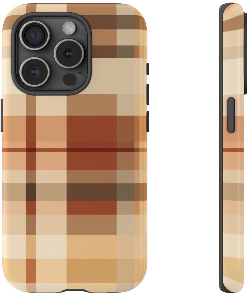 Warm Neutraal Tartan Ruitpatroon – Telefoonhoesje Geschikt voor iPhone 15 Pro