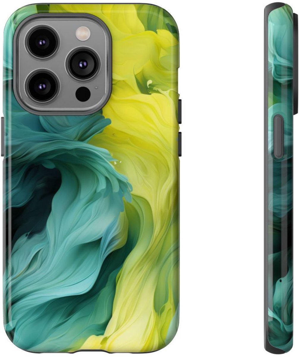 Vloeiend Gele en Groene Abstracte Kunst – Telefoonhoesje Geschikt voor iPhone 14 Pro