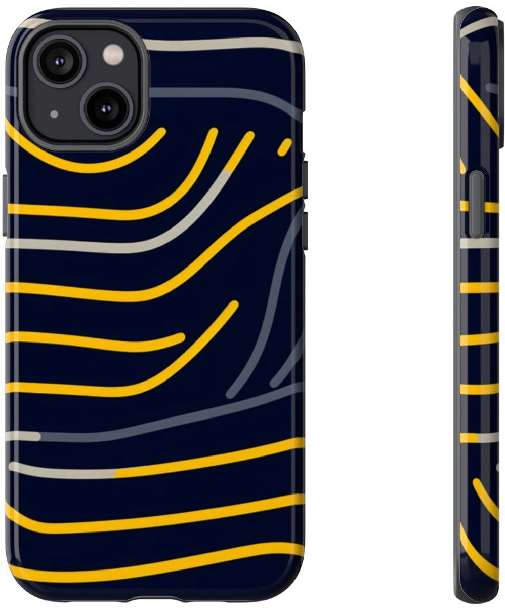 Abstracte Donkerblauwe en Gele Lijnen – Telefoonhoesje Geschikt voor iPhone 14 Plus