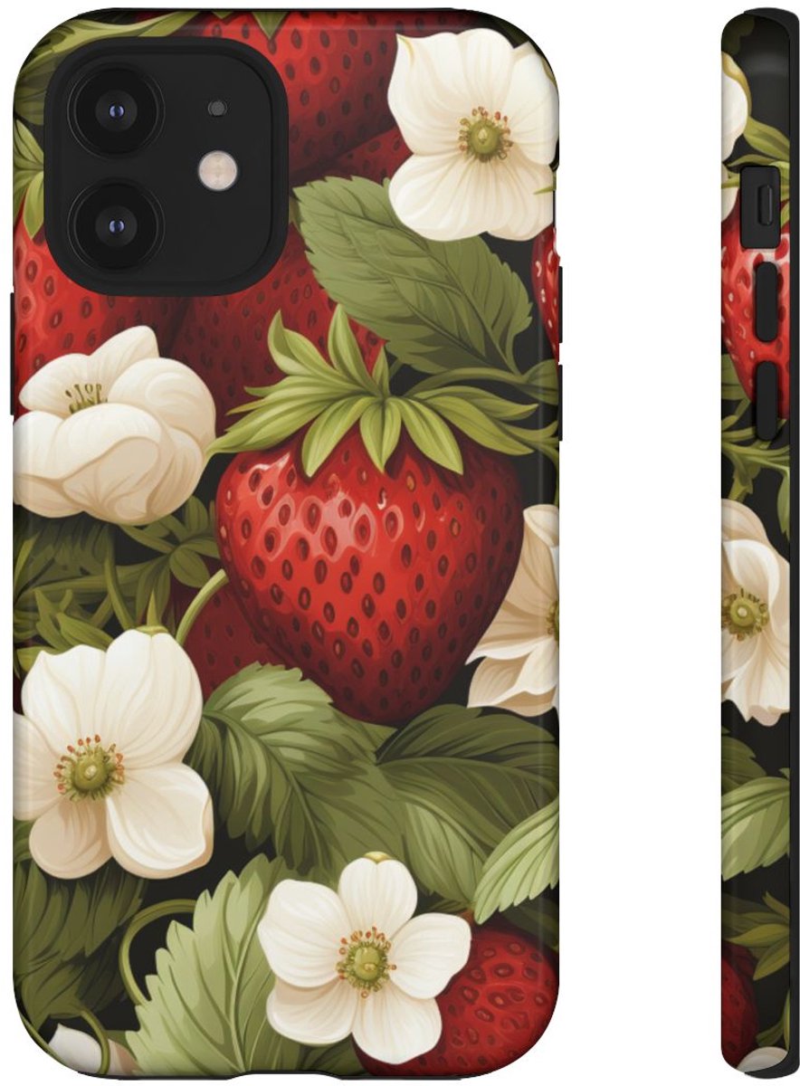 Aardbeienpatroon met Witte Bloemen – Telefoonhoesje Geschikt voor iPhone 12