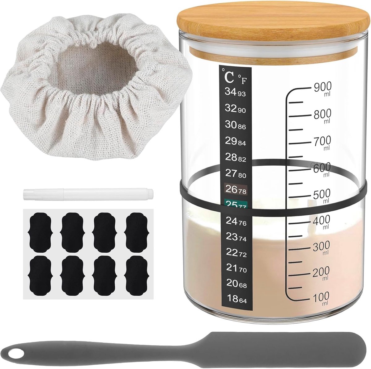 Zuurdesem Starter Set - Zuurdesem - Zuurdesem Pot 900 Ml Zuurdesem-Startpottenset Met Houten Deksel, Rubberen Band, Thermometerpapier, Silliconen Spatel Stoffen Hoed, Etiket En Pen Zuurdesemglas Voor Het Bakken Van Zuurdesembrood - 8-Delige
