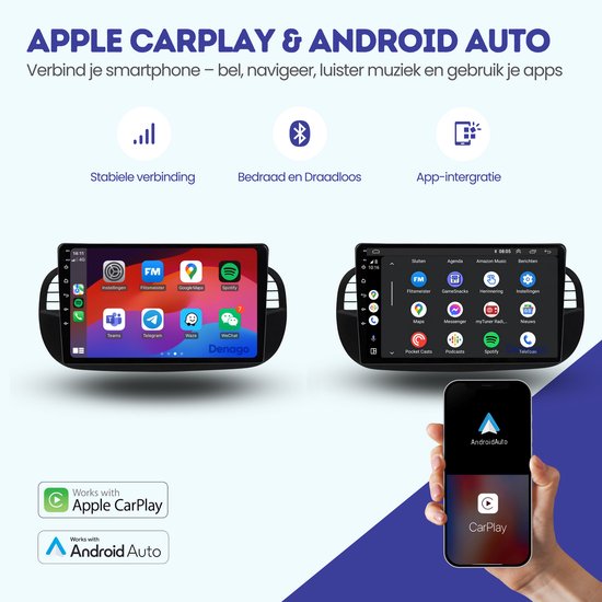 Autoradio CarPlay adapté à la Fiat 500 | 2007 à 2015 | Android 13 | Apple CarPlay et Android Auto sans fil | 2 Go + 32 Go | Processeur QuadCore | Denago DNG-A66 | Modèle 2025 | 2007 2008 2009 2010 2011 2012 2013 2014 2015 | Bluetooth et Wifi