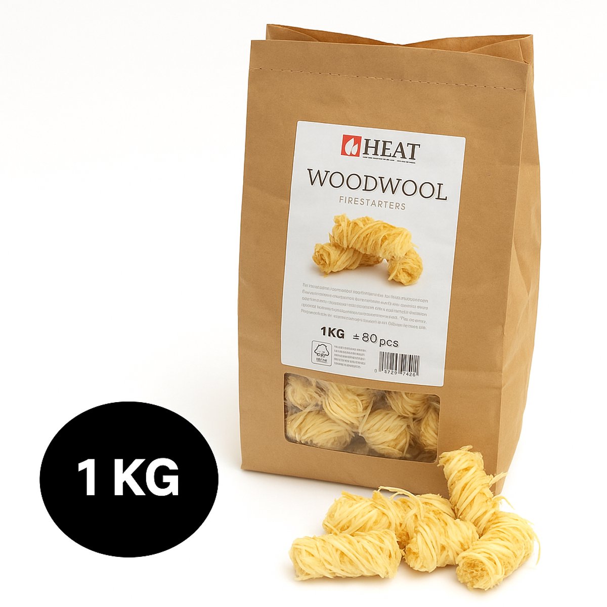HEAT Outdoor Living Woodwool – Aanmaakhoutkrullen 1 kg – Natuurlijke Houtvezels voor BBQ, Vuurschaal & Openhaard - Circa 85 Stuks