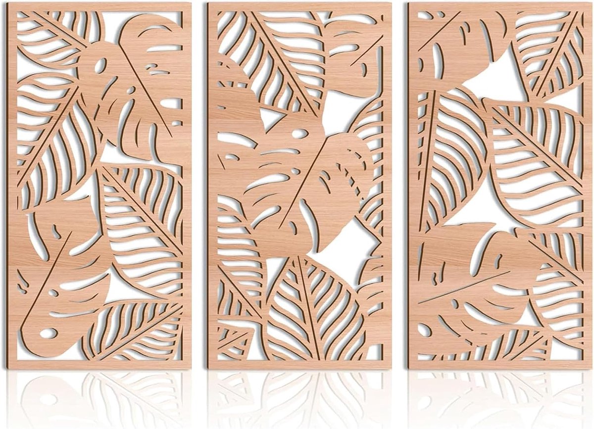 3-delige Houten Muursculptuur – Boho Stijl Wanddecoratie – Monstera Blad & Tropisch Motief – Moderne Lichtgewicht Muurkunst – Woonkamer, Slaapkamer, Kantoor – 42x21 cm
