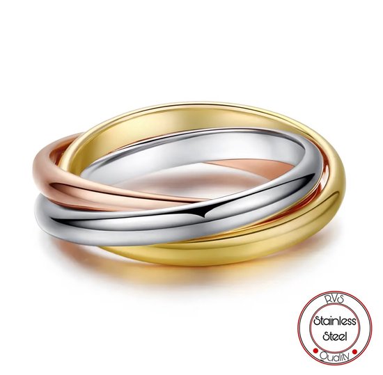 Bague tricolore en acier inoxydable doré, argenté et rosé.