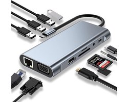 USB C HUB - Docking station - 11-in-1 USB C-adapter met 4K-HDMI - VGA - USB 3.0-poorten - Type C PD - Ethernet RJ45 - SD/TF-kaarten - 3,5 mm AUX