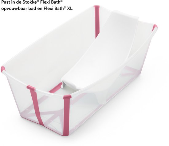 Witte Stokke Flexi Bath newborn support in een roze Stokke Flexi Bath opvouwbaar bad.