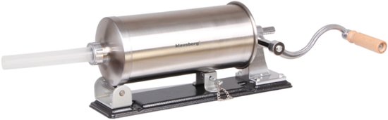 Poussoir à saucisses horizontal en acier inoxydable Klausberg avec piston, poignée et base noire.