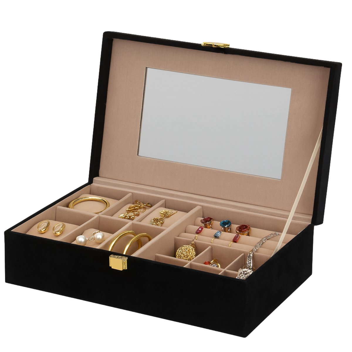 Lomera Luxe Sieradendoos - Juwelenbox - Sieraden Opbergen - Velvet Materiaal - Zwart Sieradenkistje - 16 Compartimenten - Ringen en Oorbellen - Horloges en Armbanden - Uitneembare Horlogekussens - Goudkleurige Sluiting - met Spiegeltje