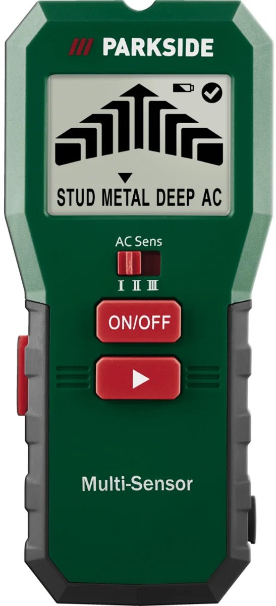 PARKSIDE Multifunctionele Detector - Leidingzoeker - Inclusief batterijen - Multisensor - Zoekt stroomvoerende leidingen, metalen onderdelen, houten balken en holle ruimtes - Nauwkeurige lokalisatie via intensiteitsgrafiek & ondersteunend geluid