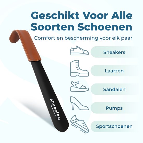 Zwarte schoenlepel met bruin lederen handvat. Geschikt voor sneakers, laarzen, sandalen, pumps en sportschoenen.