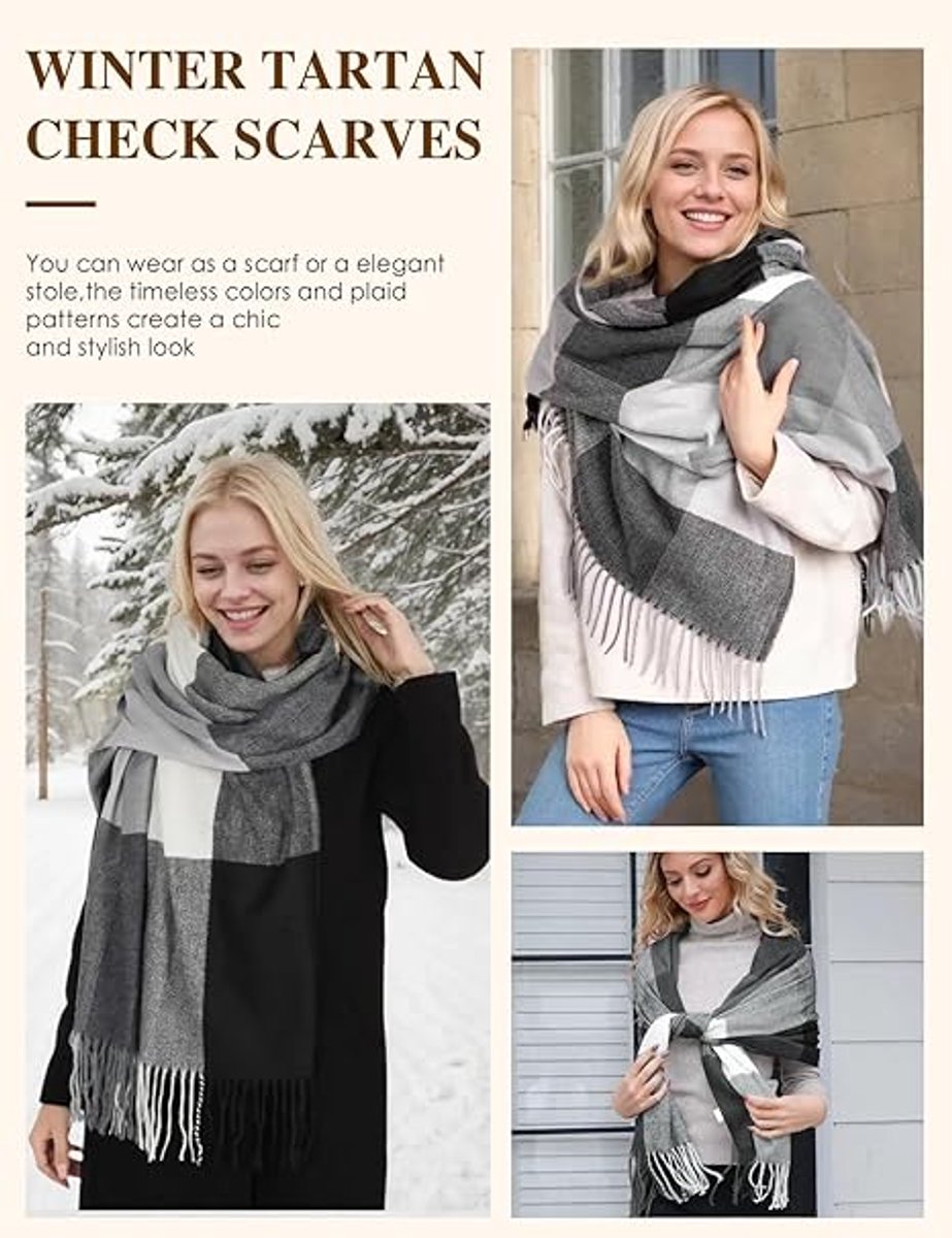 Dames geruit oversized kasjmier sjaal lange zachte wraps dames geruit oversized sjaal lange sjaal voor herfst en winter , zwart - wit