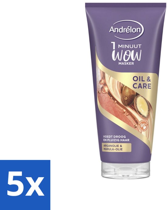 5 x Andrélon - Oil & Care - Haarmasker - 180 ml - Haarmasker - Droog Haar - Pluizig Haar - Anti-pluis - Arganolie