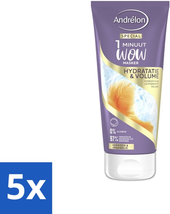 5 x Andrélon - WOW - 1 Minuut Masker - Hydratatie & Volume - 180 ml - 1 Minuut Masker - Hydraatatie - Volume Haar - Fijn Haar Verzorging - Luchtig Haar