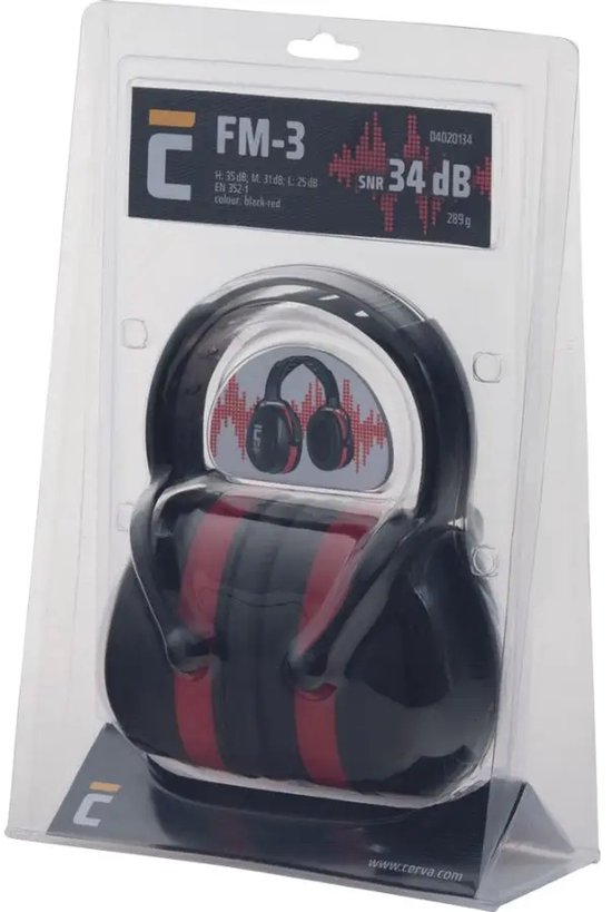 Cerva FM-3 gehoorbeschermers in verpakking. Zwart met rode strepen. SNR 34 dB.