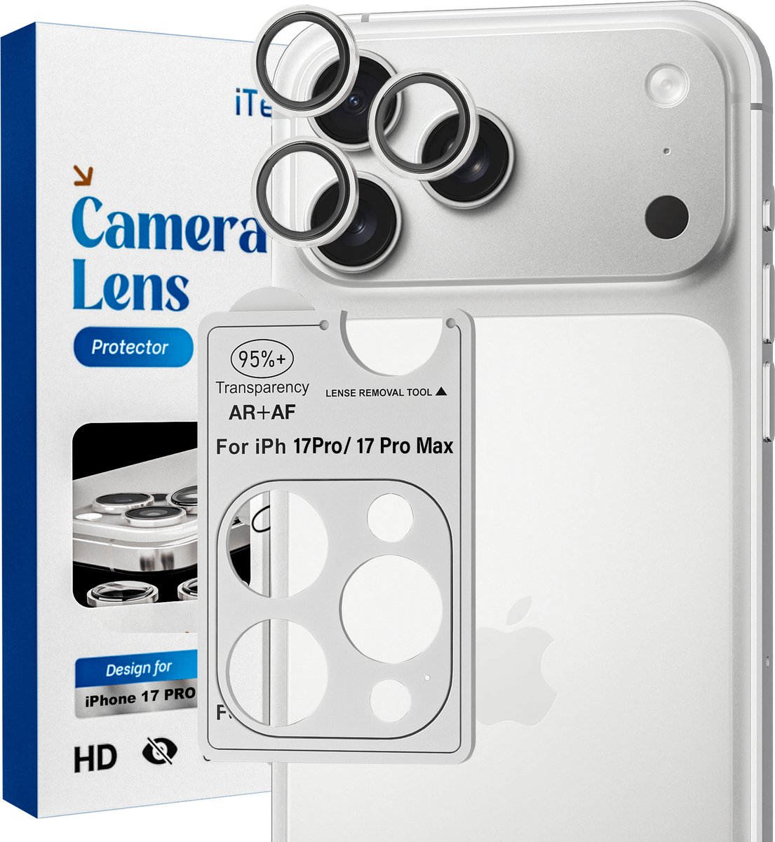 REOVO Camera Protector – Geschikt voor iPhone 17 Pro / 17 Pro Max - 0.05mm Slim Fit – Wit Zilver -Titanium Frame – Anti-Kras & Schokbestendig
