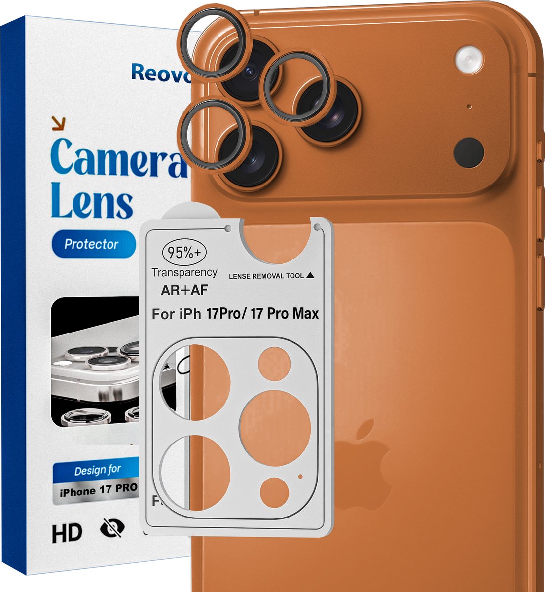 REOVO Camera Protector – Geschikt voor iPhone 17 Pro / 17 Pro Max - 0.05mm Slim Fit – Oranje -Titanium Frame – Anti-Kras & Schokbestendig