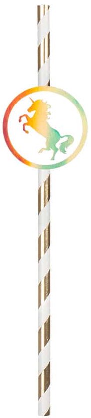 Wit gestreepte rietjes met een regenboogkleurige eenhoorn in een cirkel.