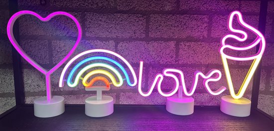 Néons LED - Set de 4 - Cœur/Arc-en-ciel/Amour/Glace - Néon rose/multicolore/rose+orange/bleu - Alimenté par piles et/ou USB - Lampe de table - Veilleuse - Éclairage décoratif - Accessoires de maison
