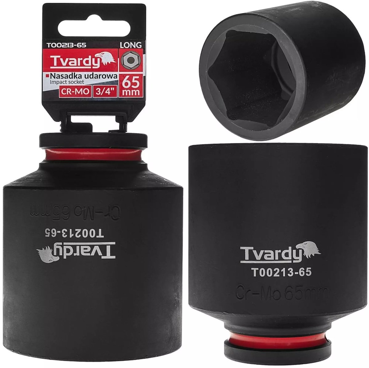 Tvardy slagdop extra lang zeskant 65 mm - chroom-molybdeenstaal - aandrijfvierkant 19 mm - zwart - diepe dop voor slagmoersleutel, auto en industrie