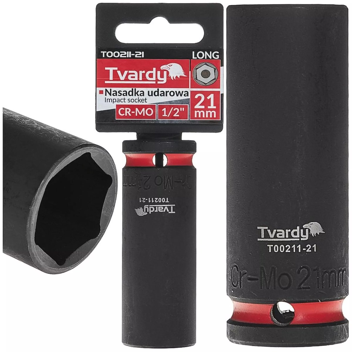 Tvardy Lange slagdop zeskant 21 mm – chroom-molybdeenstaal – 12,7 mm aandrijfvierkant – zwart – voor slagmoersleutel, auto en industrie