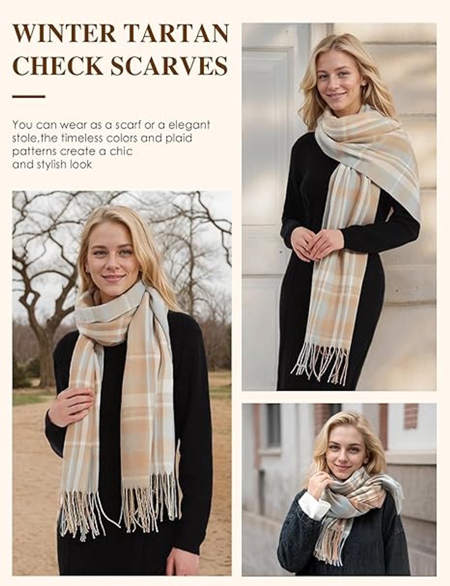 Dames geruit oversized kasjmier sjaal lange zachte wraps dames geruit oversized sjaal lange sjaal voor herfst en winter , kaki en blauw