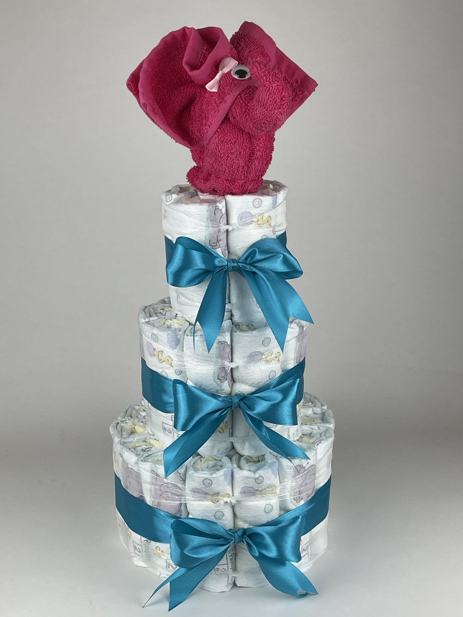 Chouette-Chouette | Luiertaart Meisje | Kraamcadeau | Geboorte Meisje | Babyshower | Olifant Fuchsia roze - Petrol