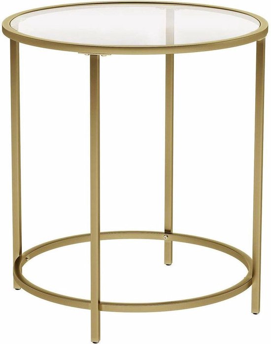 Gouden ronde bijzettafel met glazen blad en metalen frame.