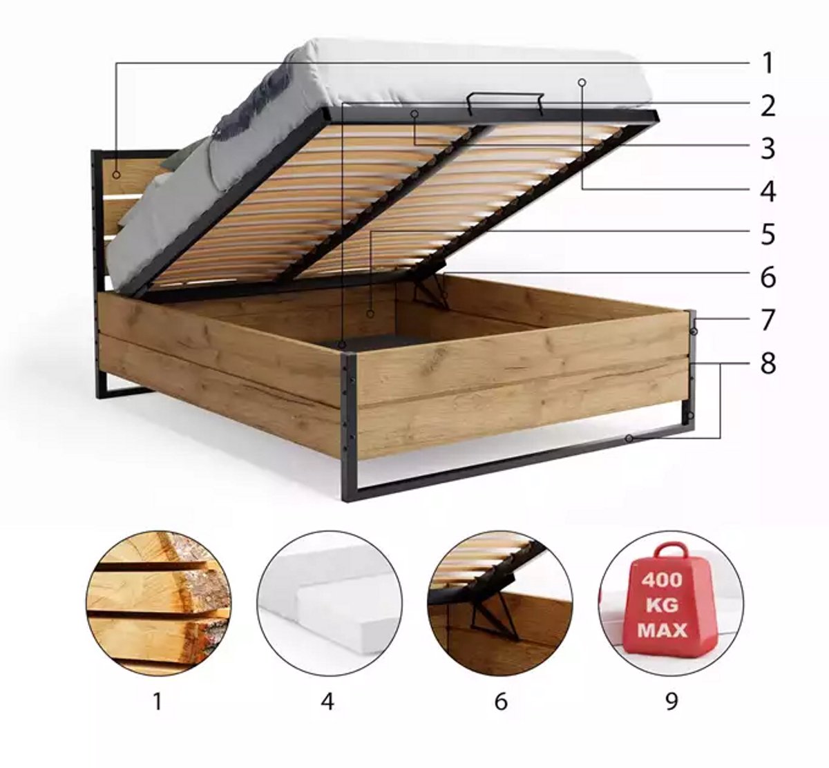 BMS - Bed 160x200 - Inclusief Matras en Opbergruimte - Eikenhout - Met Matras